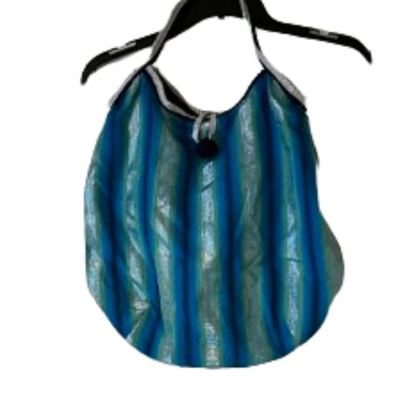 Blue Striped Shoulder Bag w/Pom Pom Closure - Picture 1 of 5